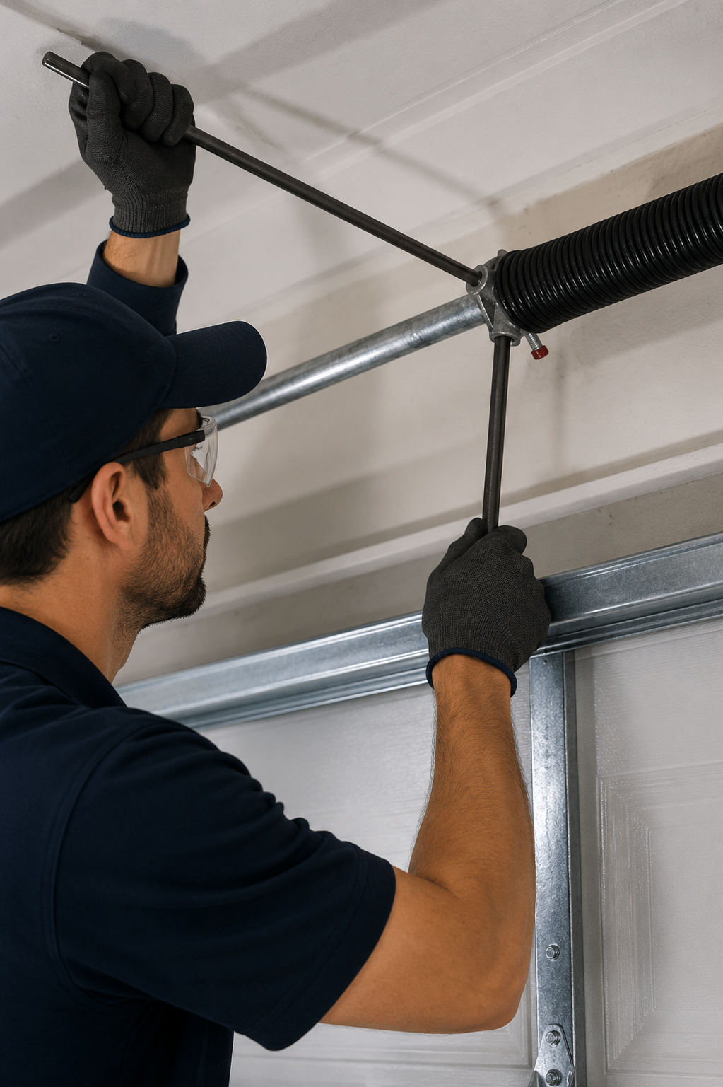 Technician replacing a torsion spring on a suburban Melbourne garage door